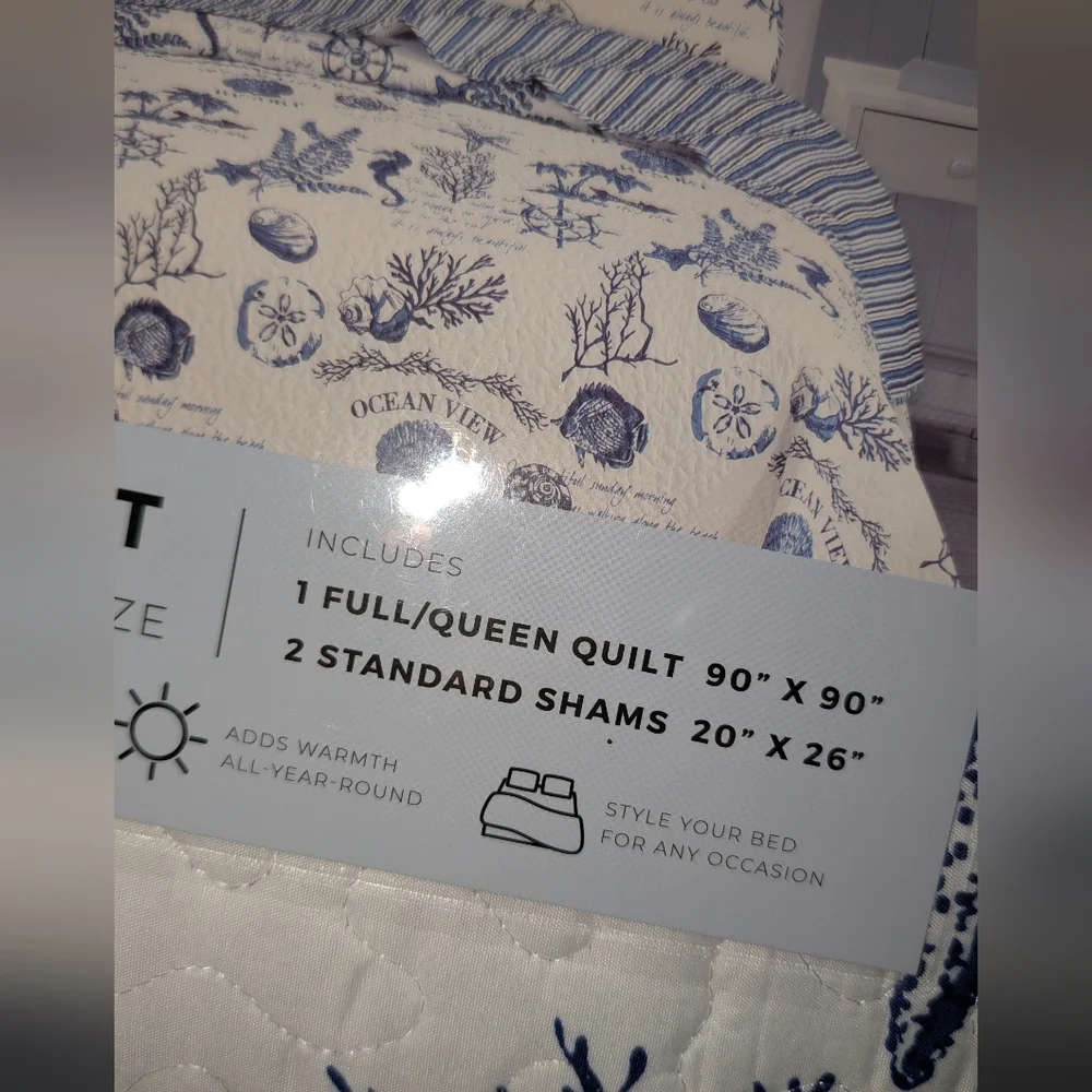 Coastal Theme Quilt with Shams Full/Queen With Bonus Pillow Blue White NIP - Picture 6 of 11